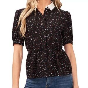 NWT CeCe Sz XL Black Collar shirt polka dot short Sleeve Blouse!